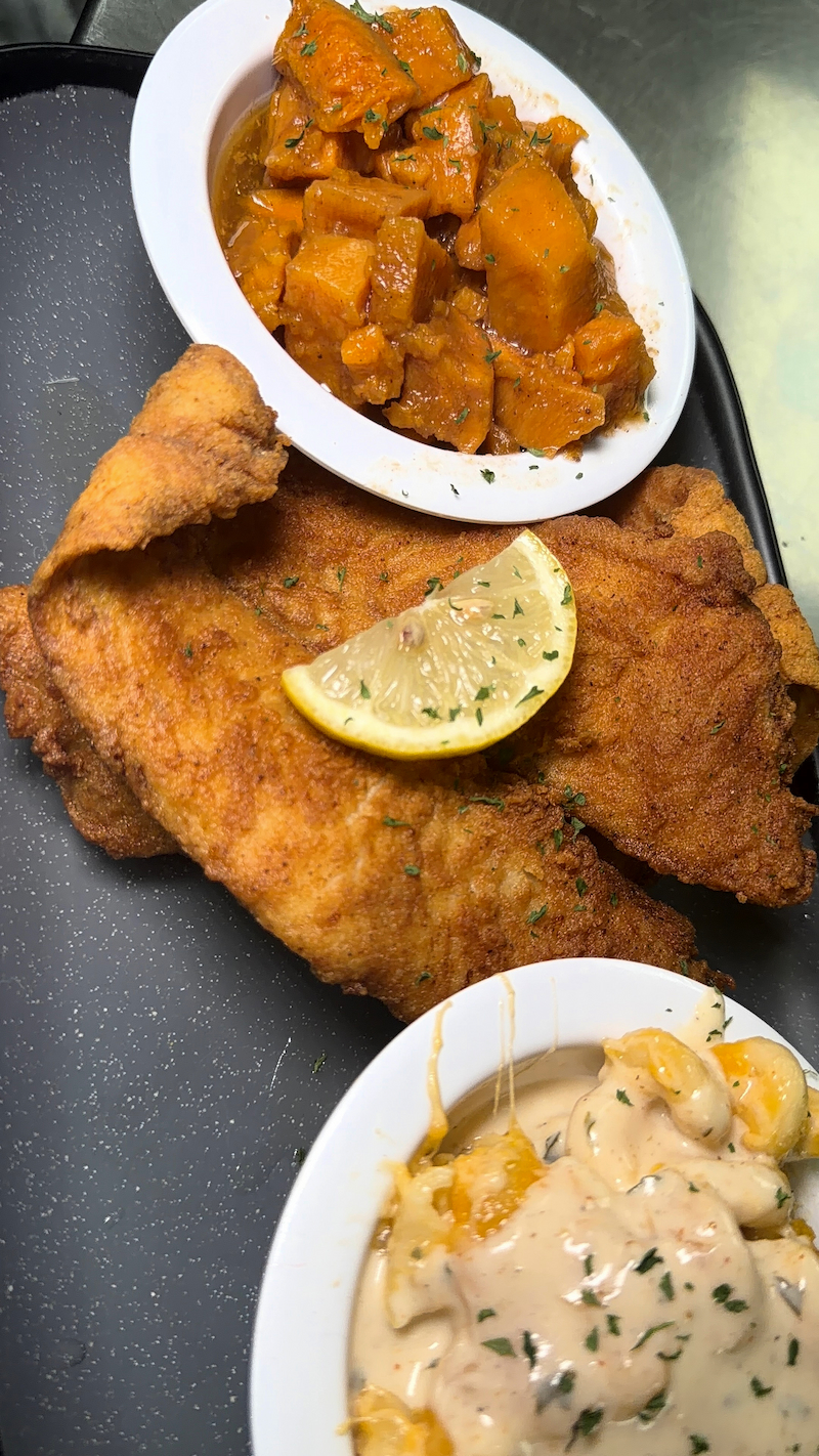 Fried fish with candied yams and mac and cheese